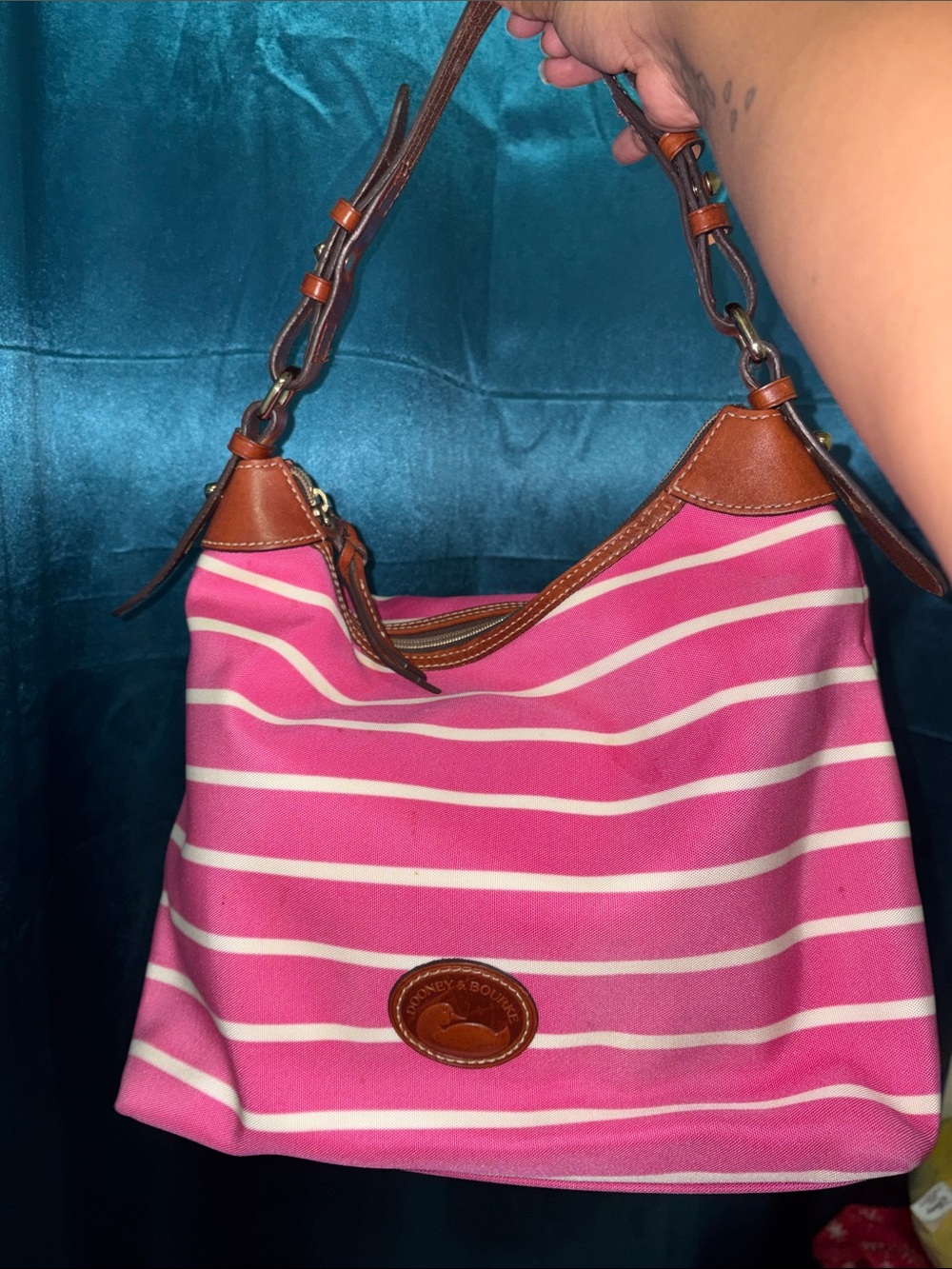 Dooney & Bourke Pink and White Striped Canvas Shoulder Bag with Brown Trim